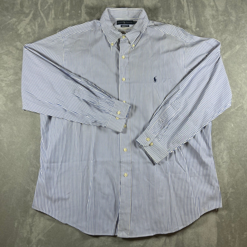 Ralph Lauren Mens 17 34/35 Classic Fit Blue White Striped Button Down Shirt